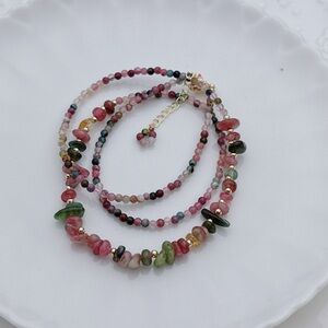 GB75 New Handmade Rainbow Tourmaline Triple Layers Bracelet Necklace 2in1 19+5”